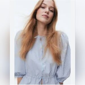 H&M Pale Blue Puff-sleeved Swiss Dot Cotton Blouse Buttons Cinch Waist Size M